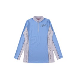 訂購女裝長袖馬術Polo恤  設計撞色駁布拉鏈胸筒  全件印花  馬術障礙 藍色撞白色  100%Polyester  P1531 訂購女裝長袖馬術Polo恤  設計撞色駁布拉鏈胸筒  全件印花  馬術障礙 藍色撞白色  100%Polyester  P1531